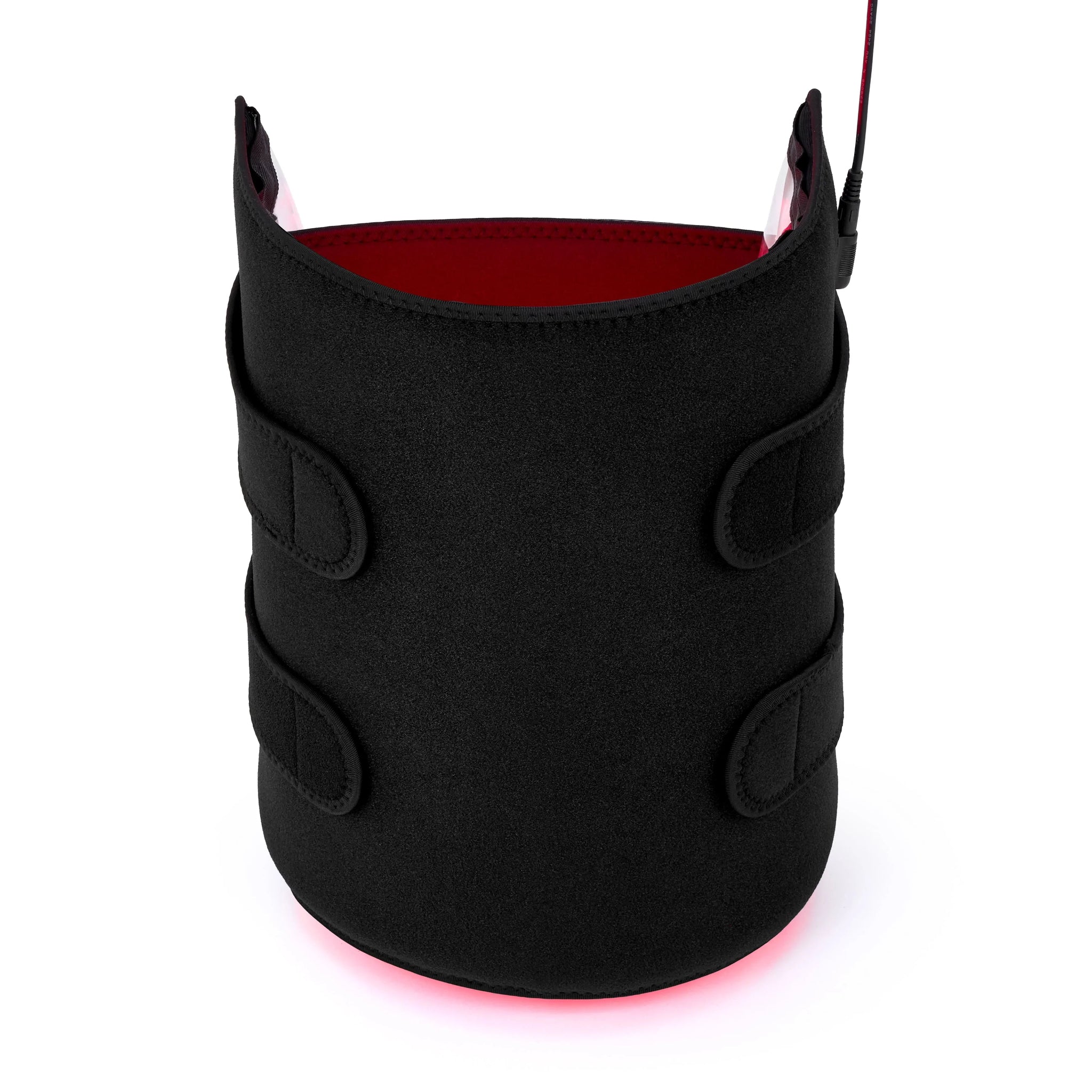Black red light therapy sleeve with red interior on a white background