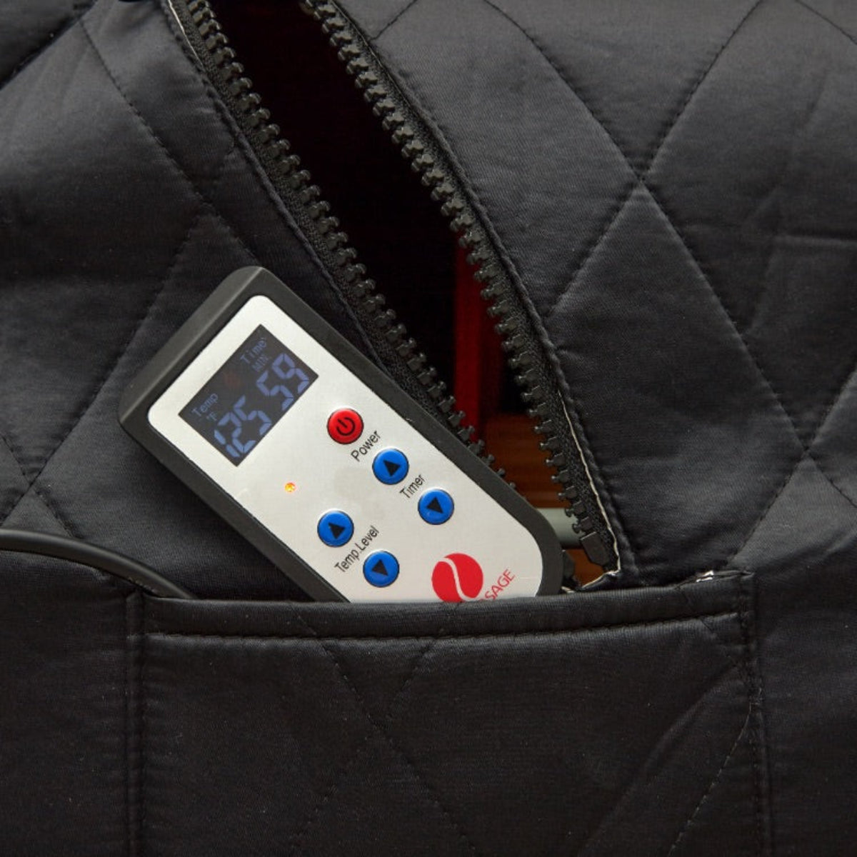 Remote control of Thera360 Plus Portable Infrared Sauna in zippered pocket.