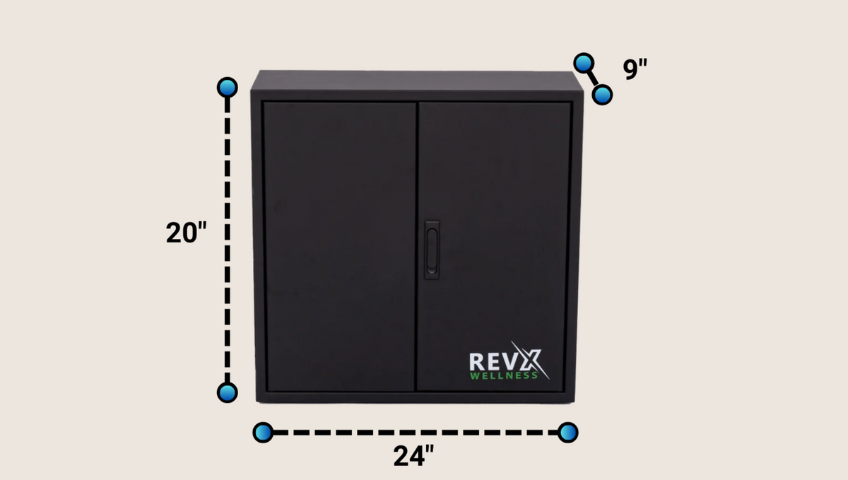 RevX ozone filtration cabinet front view and dimensions