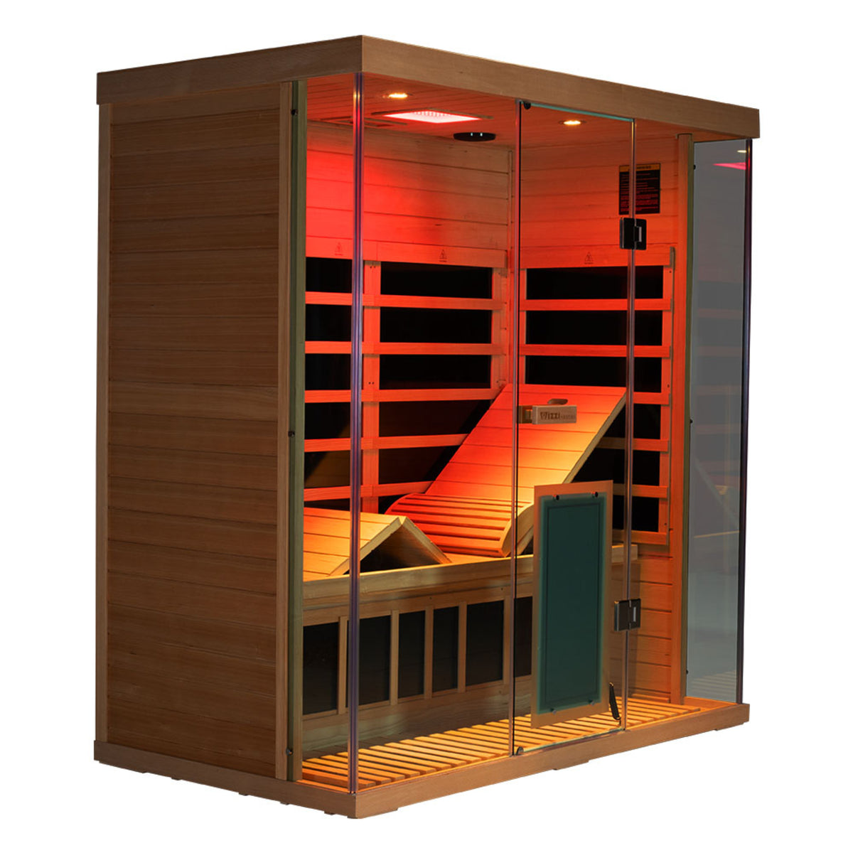 Wizzisaunas S03 3-person infrared sauna – showing red orange lights and lounger