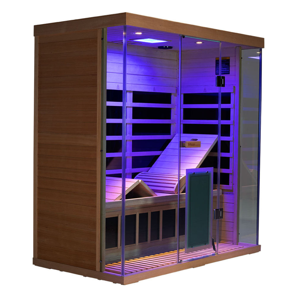 Wizzisaunas S03 3-person infrared sauna – showing purple lights and lounger up with backrest