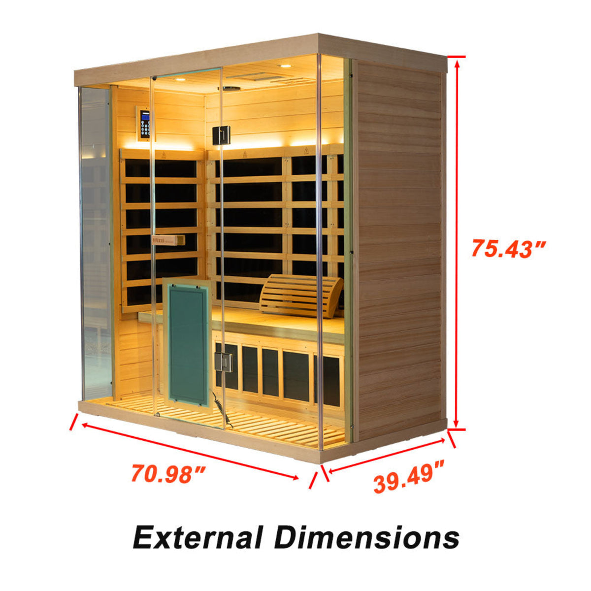Wizzisaunas S03 3-person infrared sauna – showing dimensions