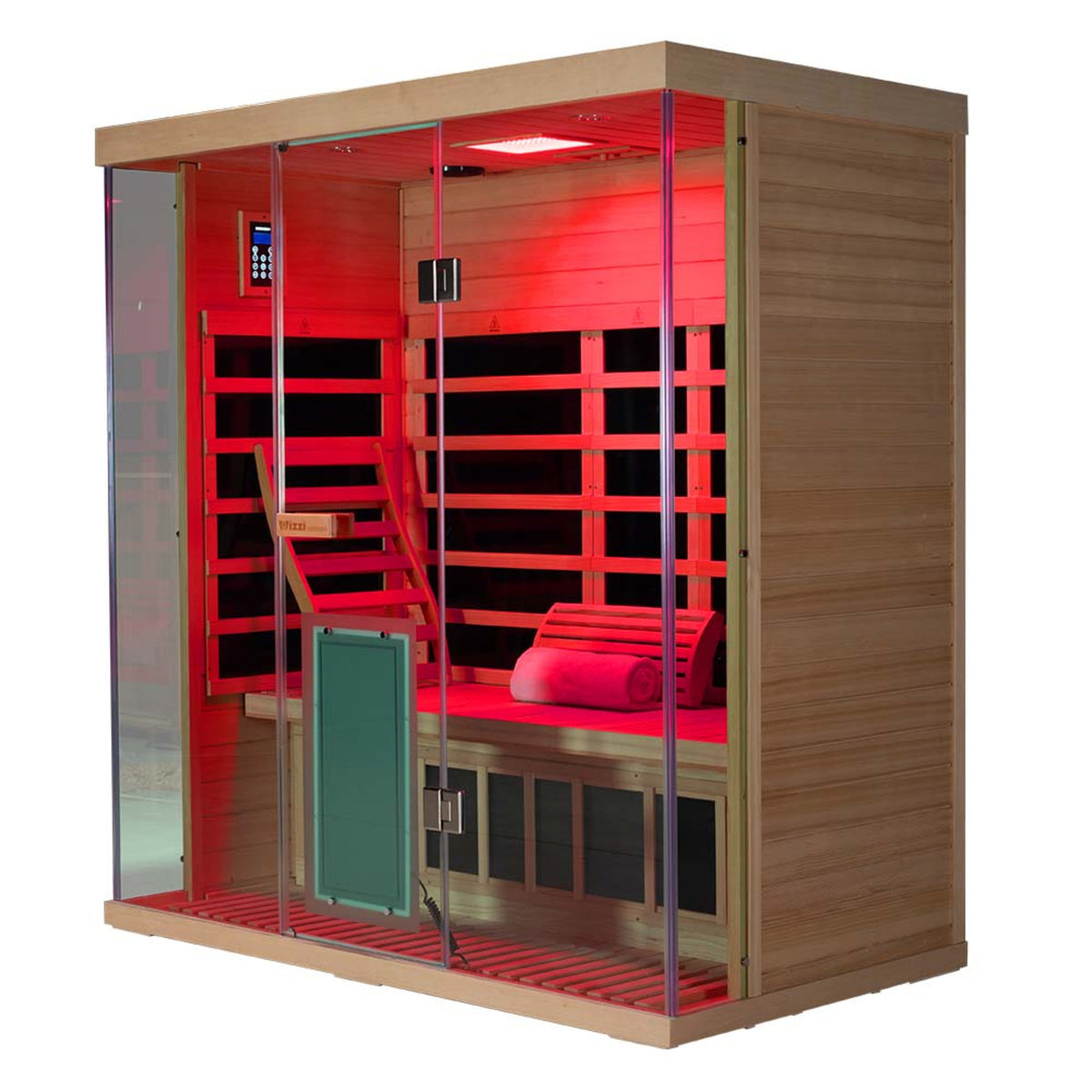 Wizzisaunas S03 3-person infrared sauna – angle view with back rest and rolled towel