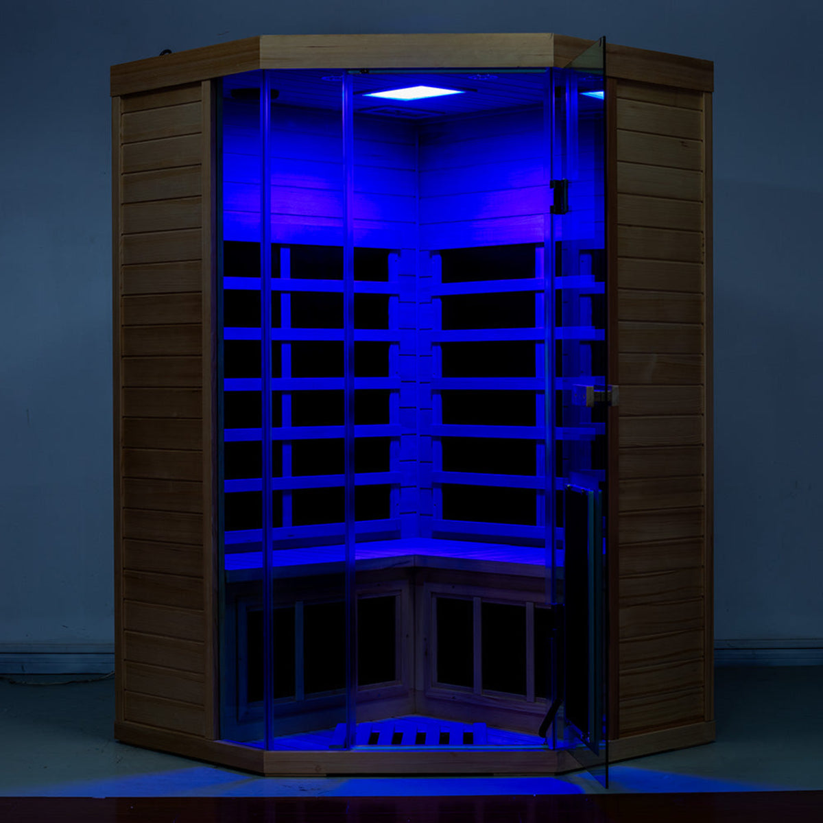 Wizzisaunas S07 Red Cedar infrared sauna with blue lights front view