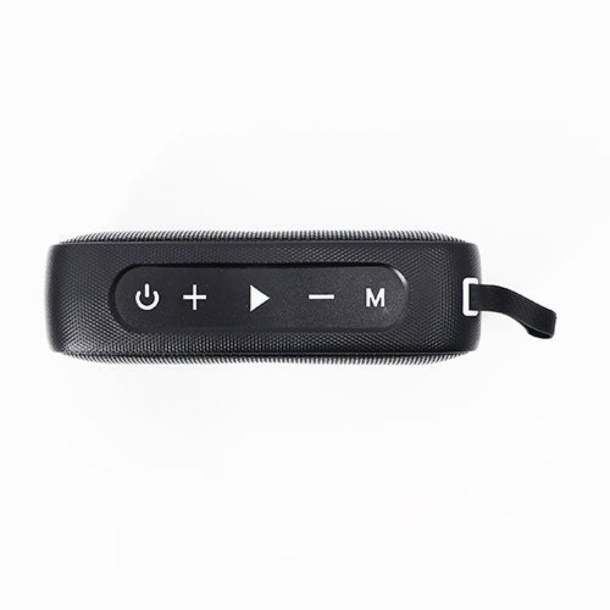 Black portable speaker with control buttons on a white background