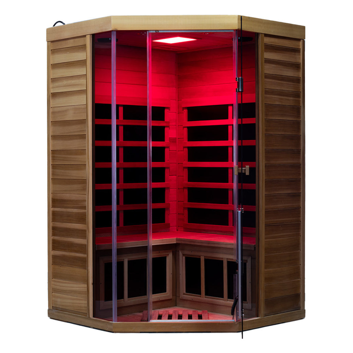 Wizzisaunas S07 Red Cedar infrared sauna –front view with red lights