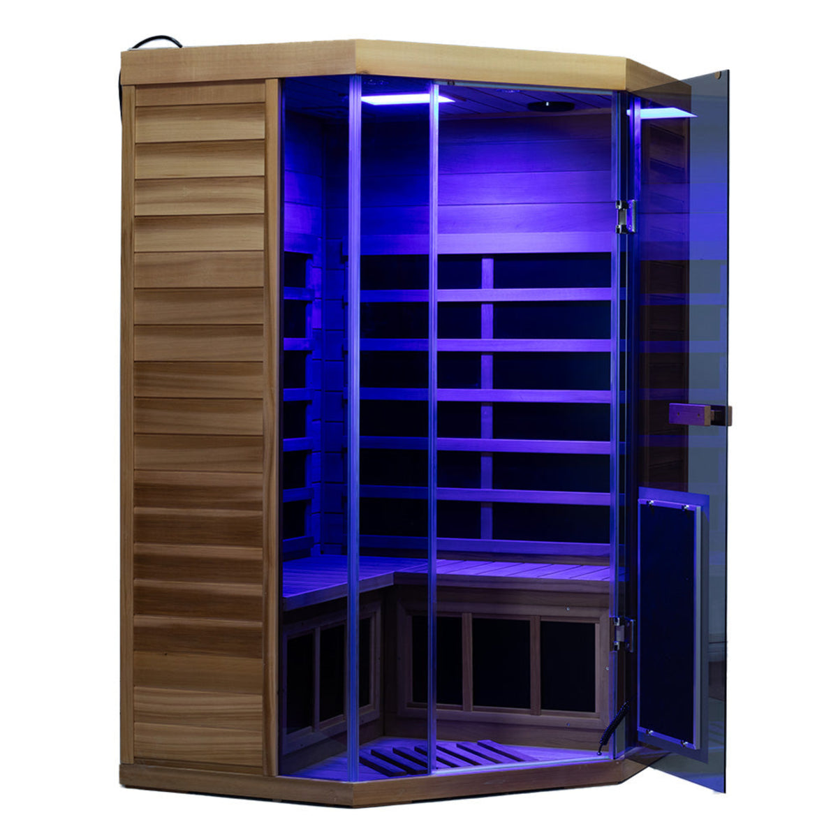 Wizzisaunas S07 Red Cedar infrared sauna blue lights with door open