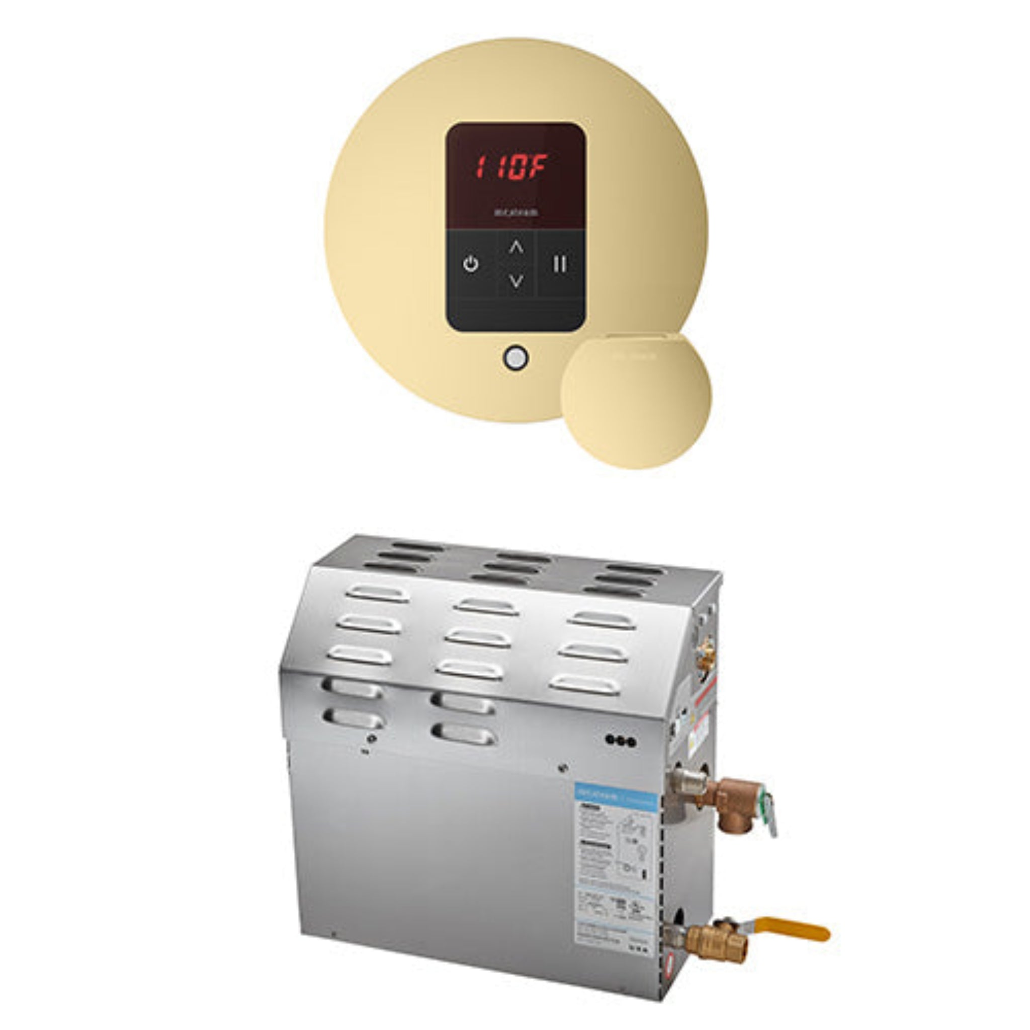 Round satin brass digital control panel and stainless steel steam generator on a white background