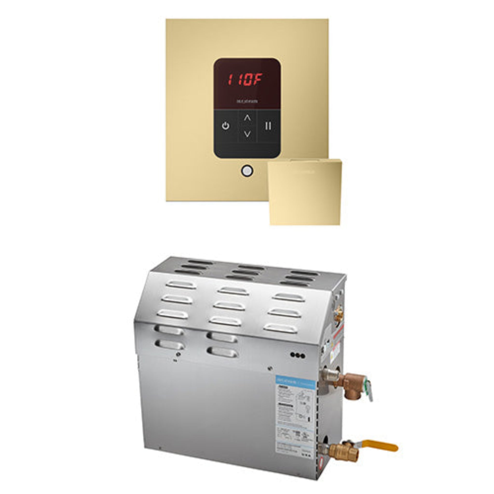 Satin Brass control panel with digital display and silver water heater on a white background