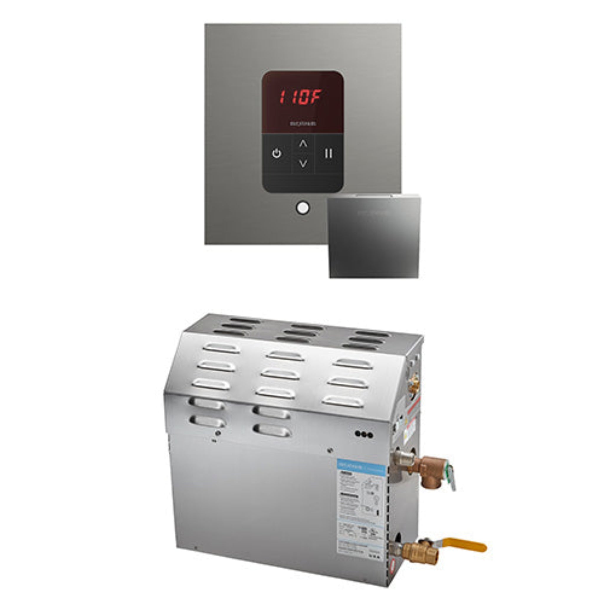 Stainless steel water heater with Satin Steel digital display on a white background