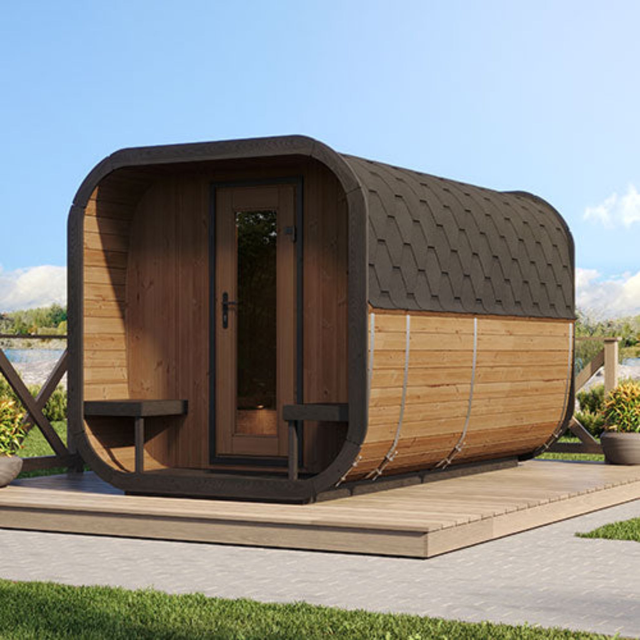 SaunaLife Cube-Series Model CL12GCP 8-Person Outdoor Sauna Suite Kit – Front View