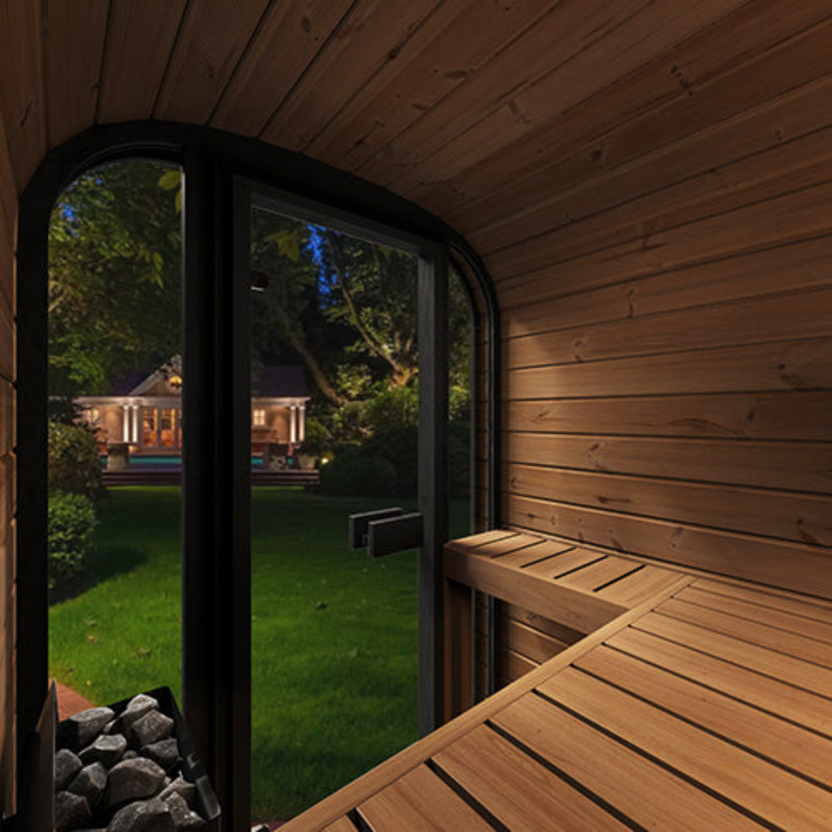 SaunaLife CUBE-Series Model CL3GB Outdoor Cube Sauna interior view looking out window to a backyard