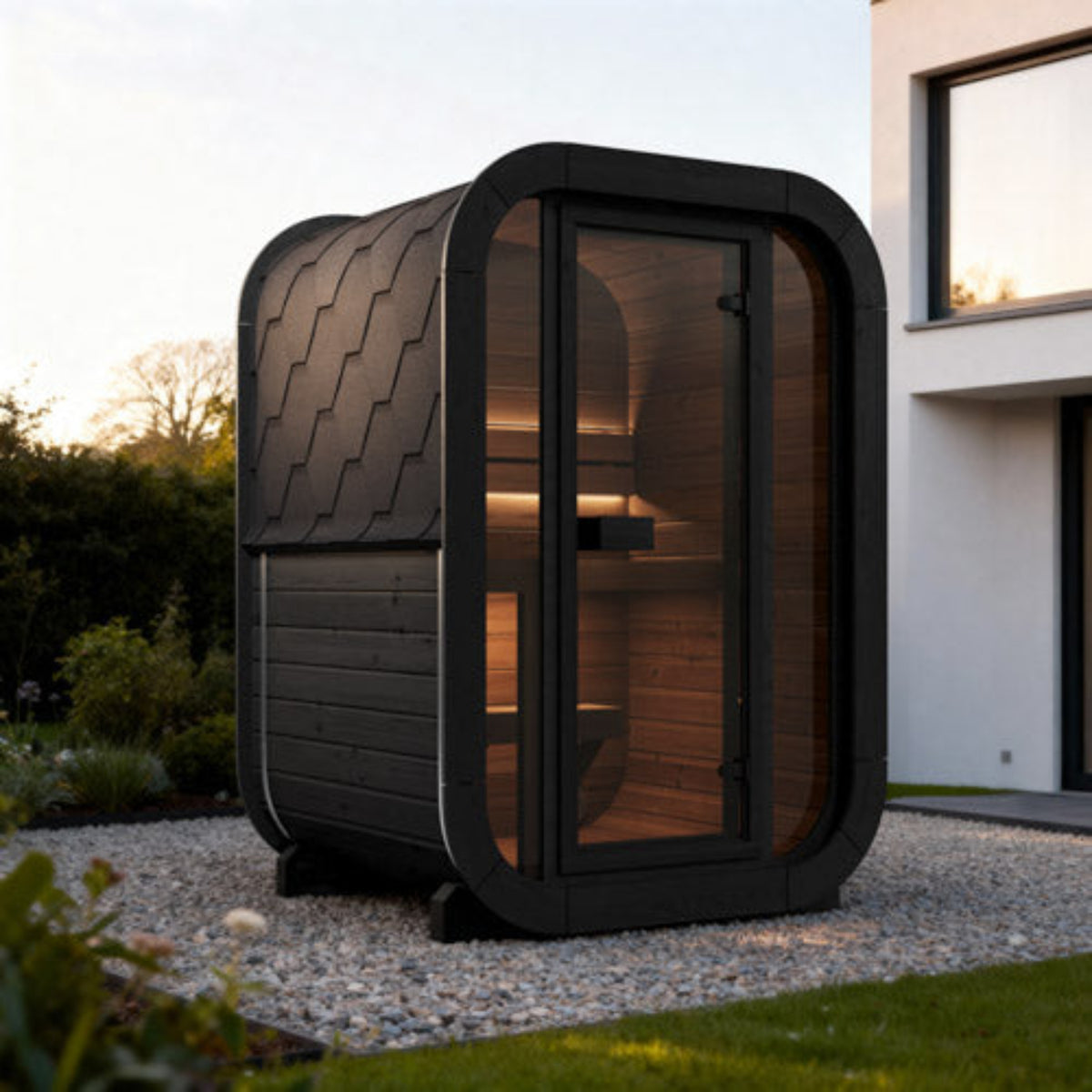 SaunaLife CUBE-Series Model CL3GB Outdoor Cube Sauna on a rock patio in a backyard