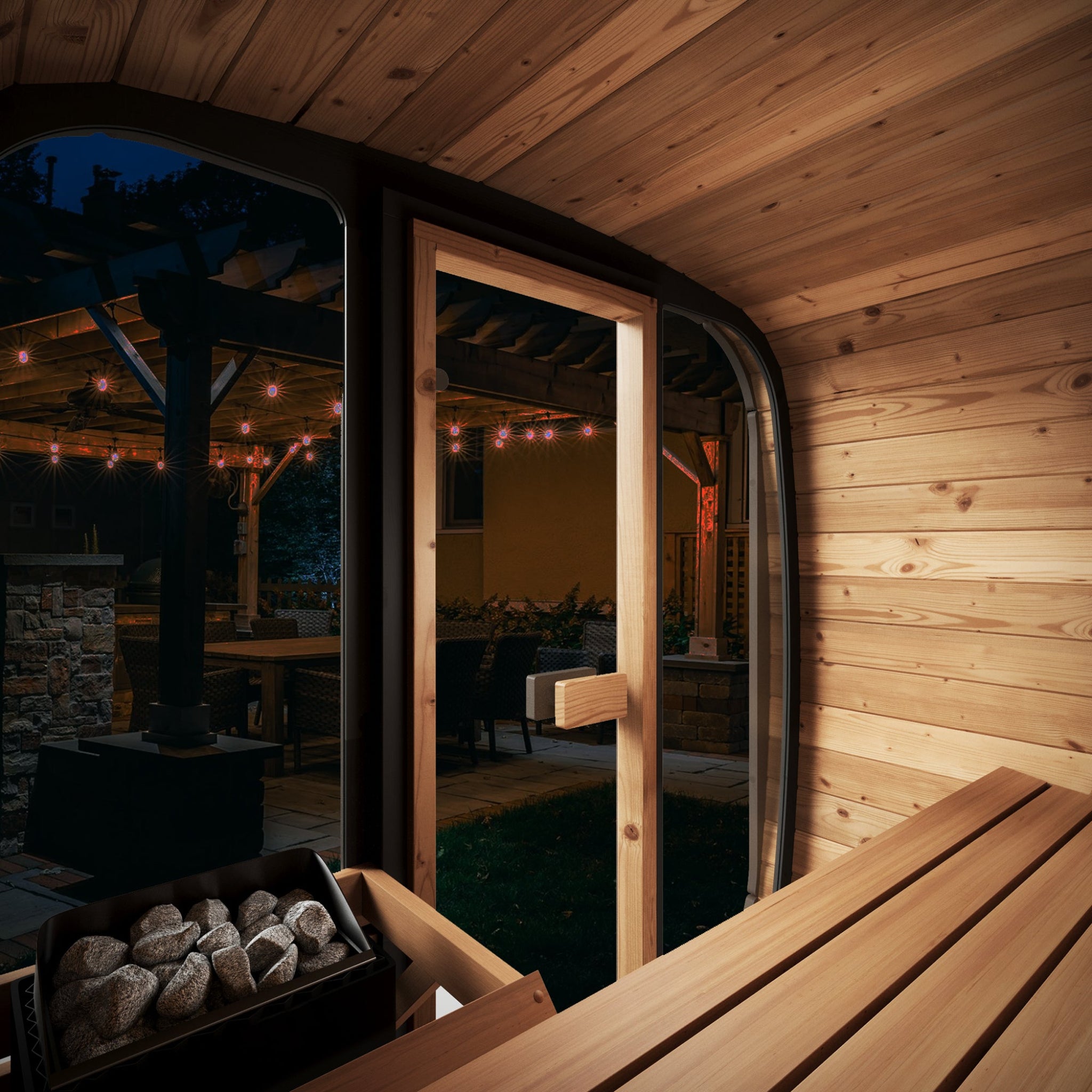 SaunaLife CL4G cube outdoor sauna kit inside window lifestyle view