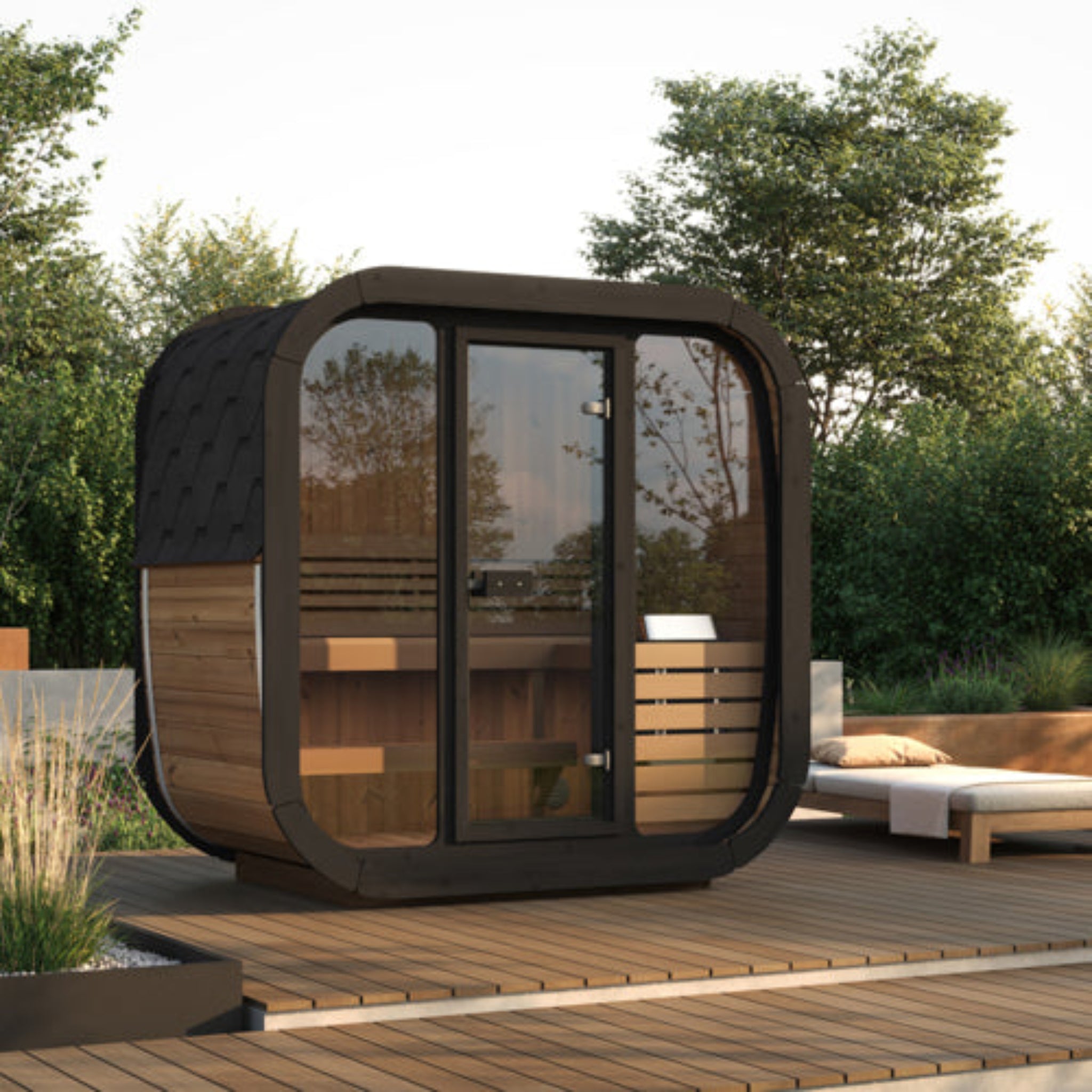 SaunaLife Cube CL4G Outdoor Sauna Kit on a wooden deck in a backyard setting. Front glass view