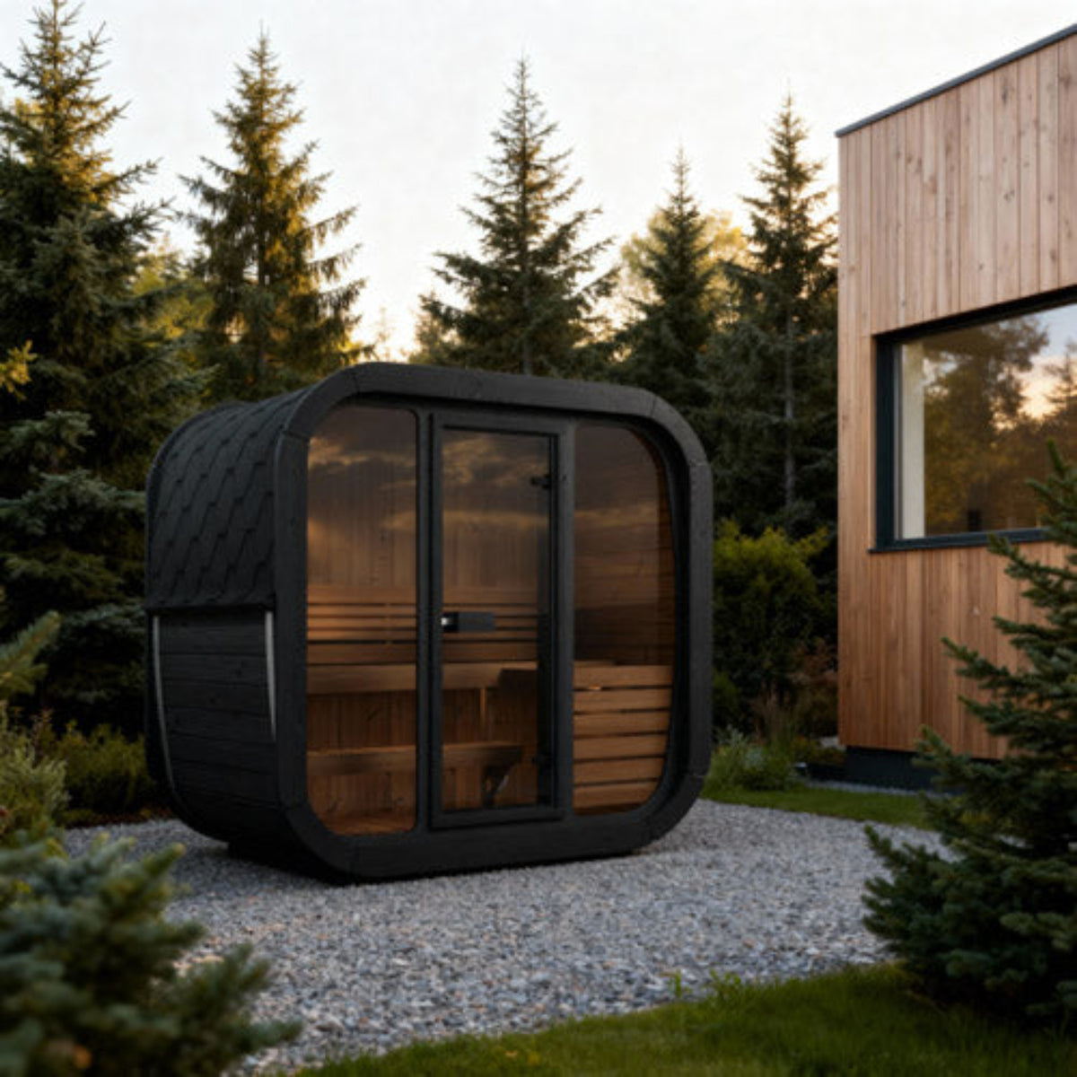 SaunaLife CUBE-Series Model CL4GB Outdoor Cube Sauna in a backyard setting