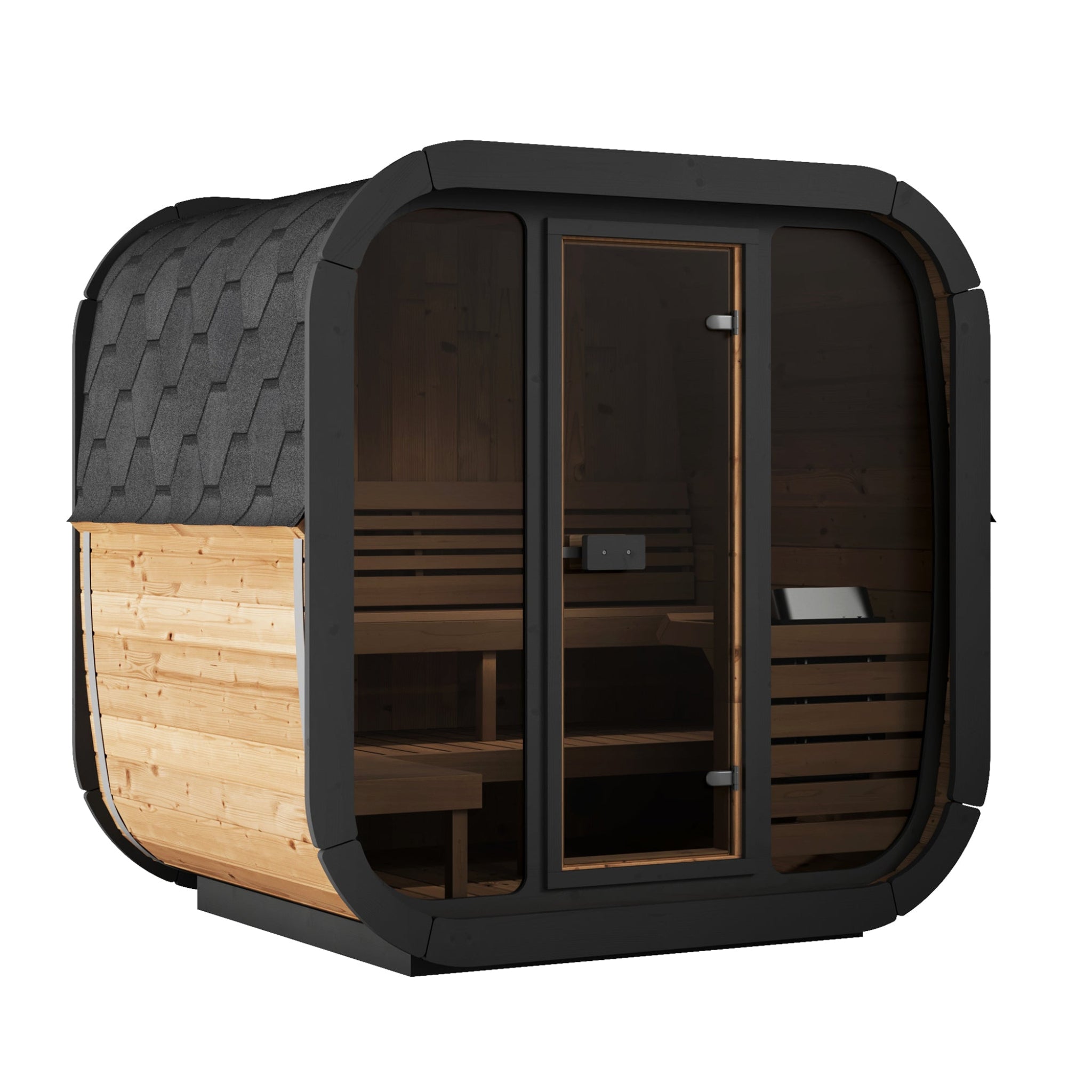 SaunaLife CL5G cube outdoor sauna front angle view
