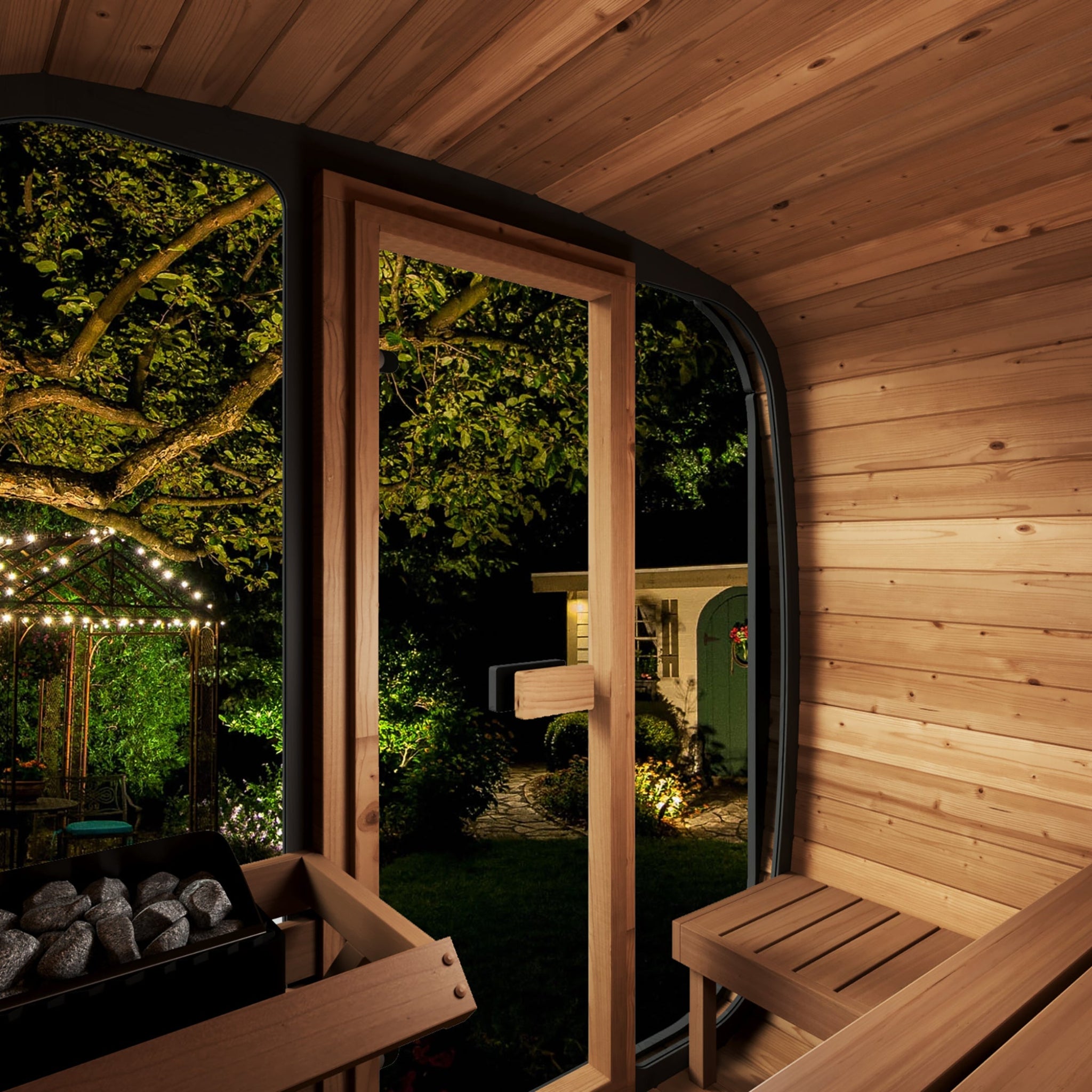 SaunaLife CL5G cube outdoor sauna inside window lifestyle view