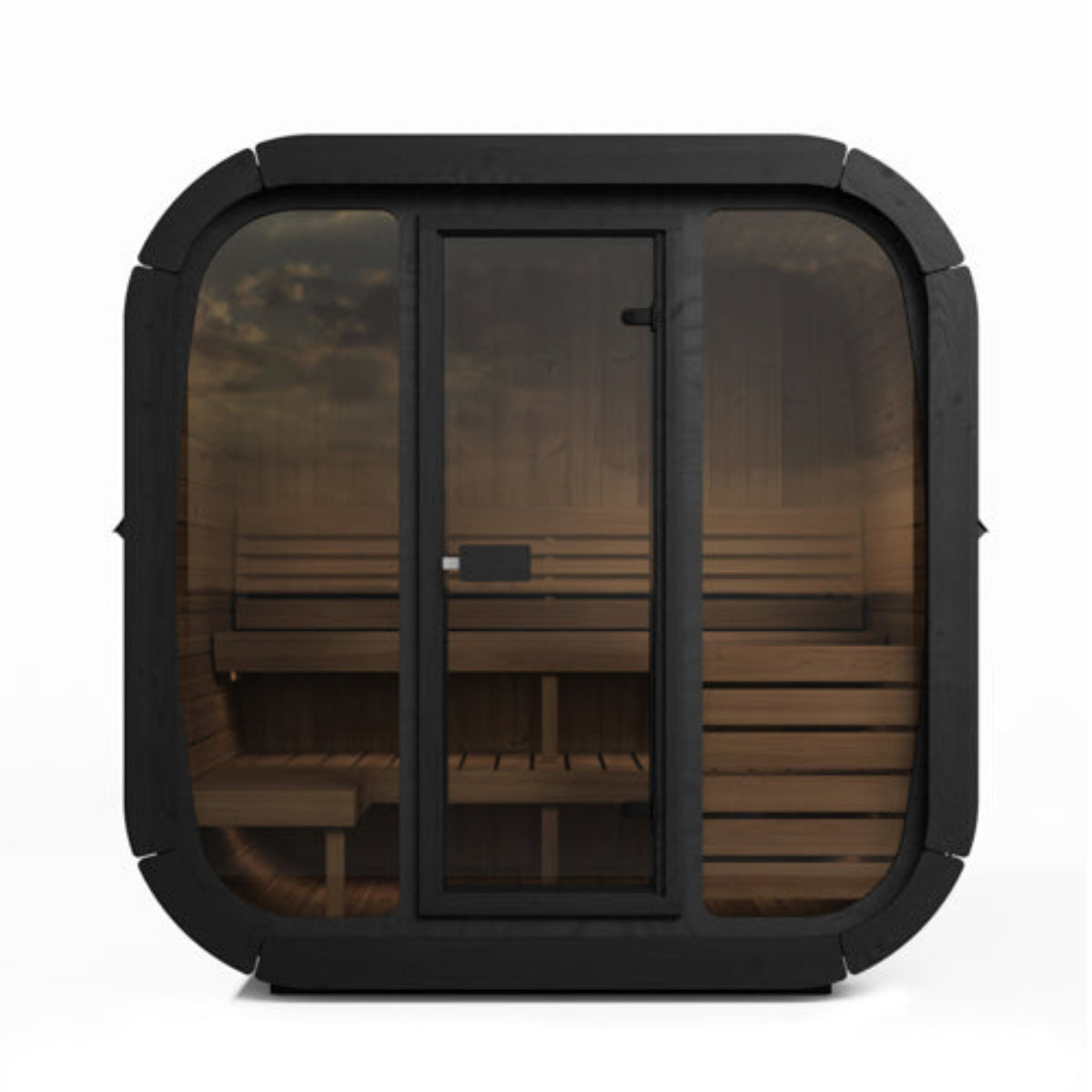 SaunaLife CUBE-Series Model CL5GB Outdoor Cube Sauna with a black frame, glass doors, and a warm wood interior, shown on a plain white background.