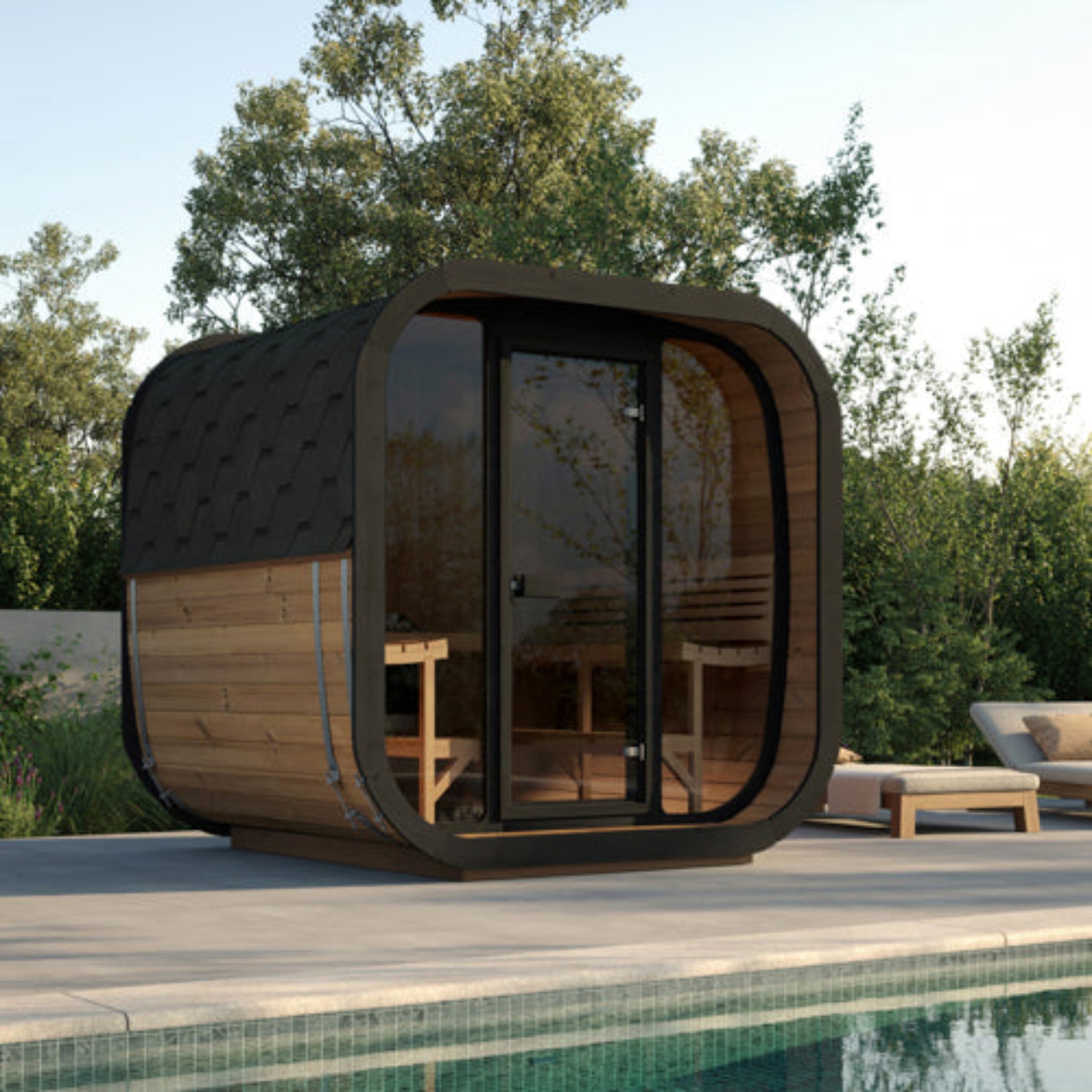 SaunaLife Cube-Series Model CL7G 6-Person Outdoor Sauna Kit – Front Angle View