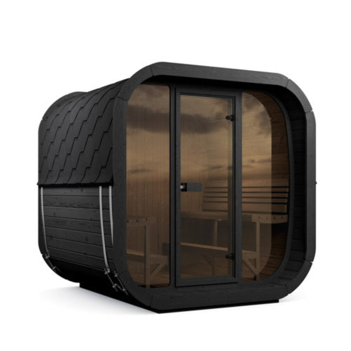 SaunaLife CUBE-Series Model CL7GB Outdoor Cube Sauna with a black textured exterior, glass double doors, and a warm wood interior, shown on a plain white background.