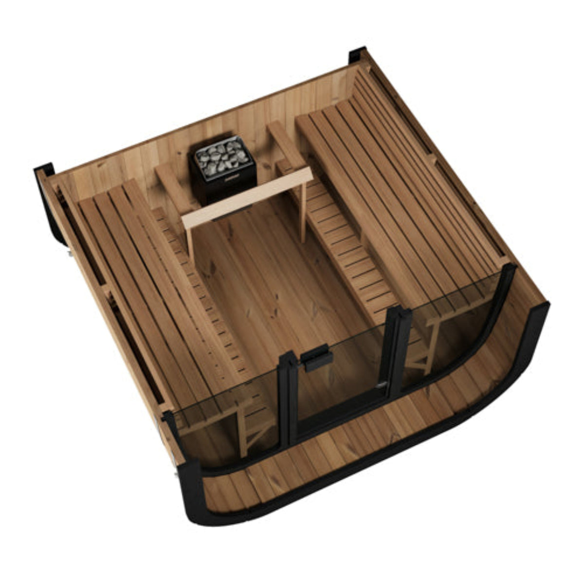 SaunaLife CUBE-Series Model CL7GB Outdoor Cube Sauna interior view of benches and heater on a white background
