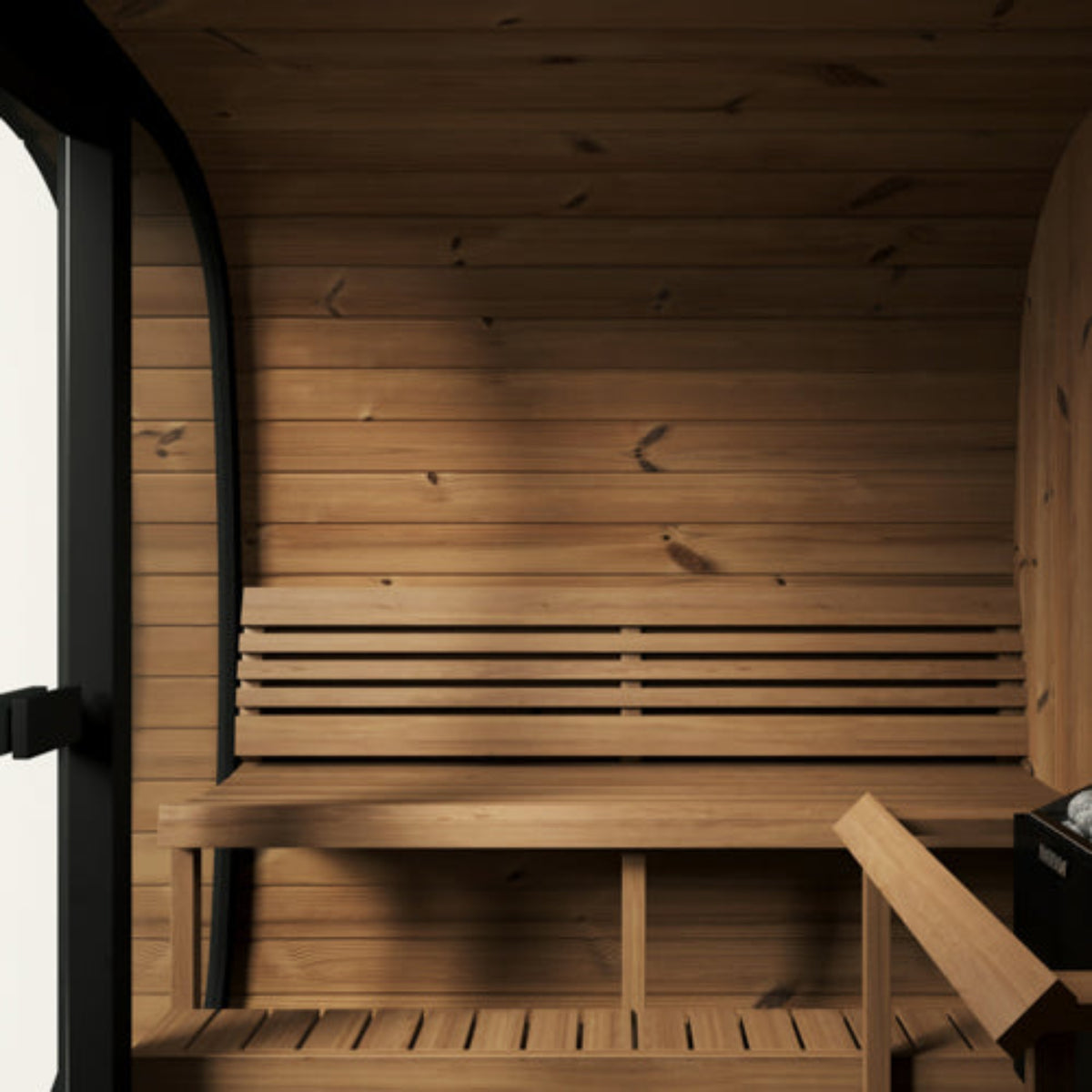 SaunaLife CUBE-Series Model CL7GB Outdoor Cube Sauna interior with benches and a door.