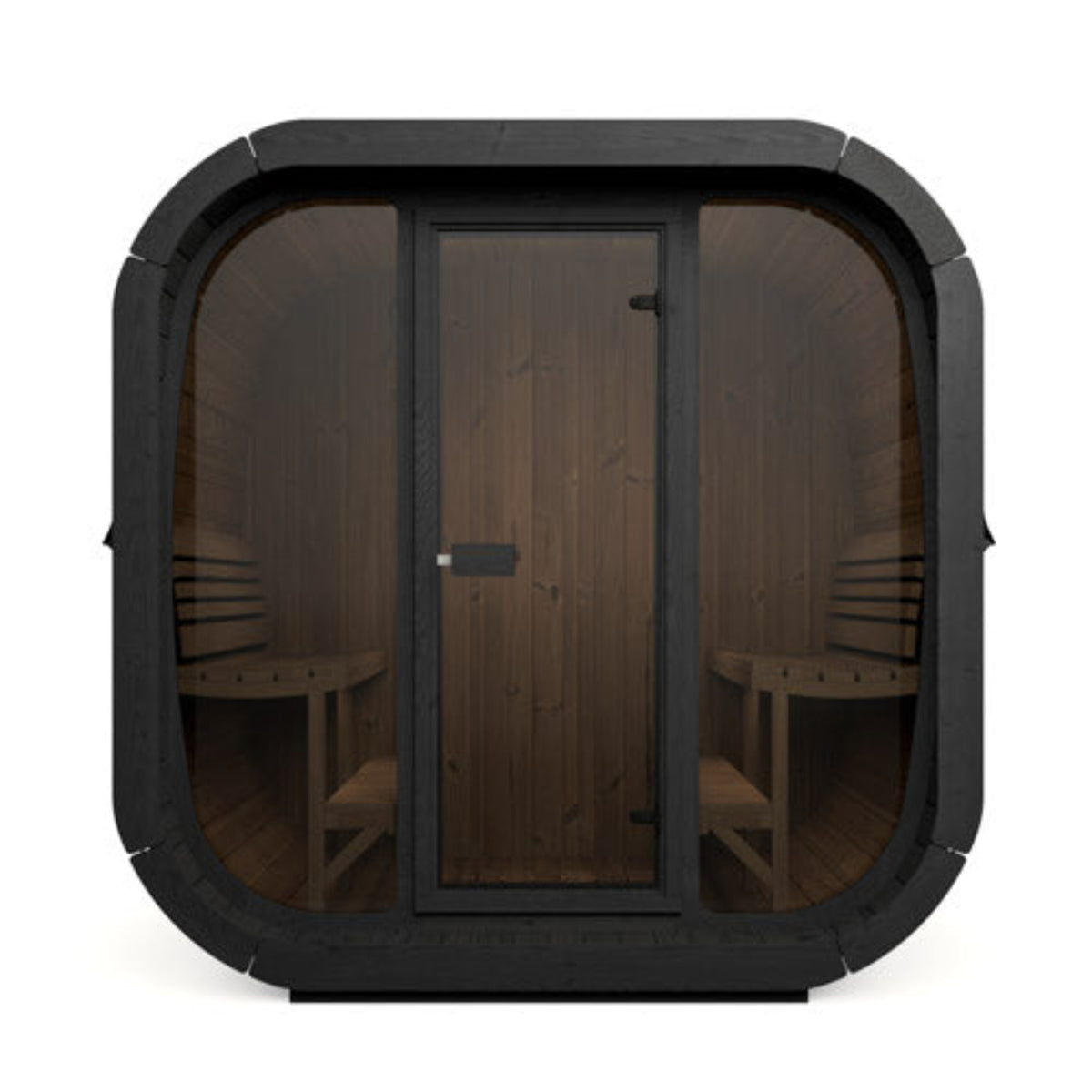 SaunaLife CUBE-Series Model CL7GB Outdoor Cube Sauna with a black frame, dark wood interior, and two built-in benches, shown on a plain white background.