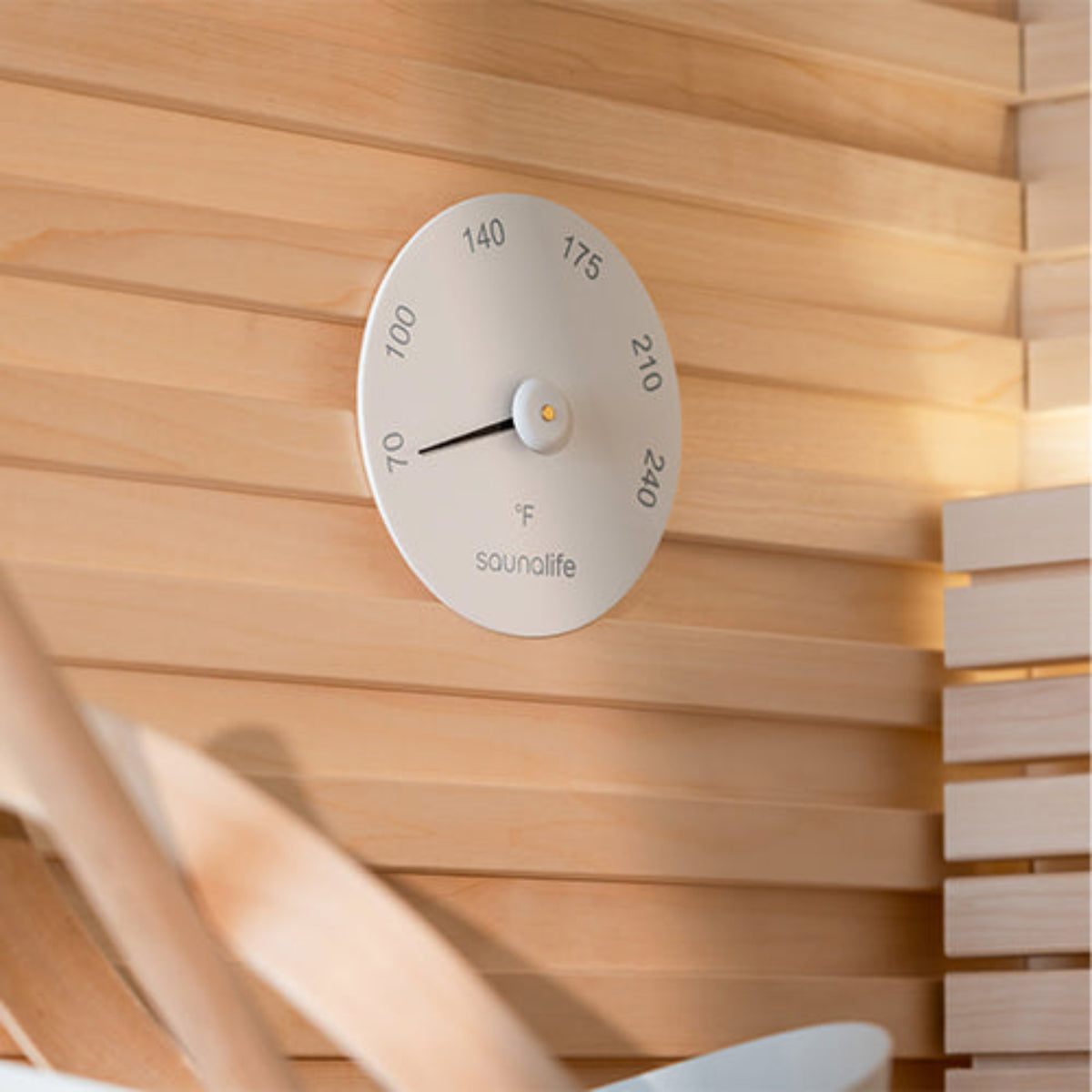 SaunaLife Designer Sauna Thermometer on sauna wall