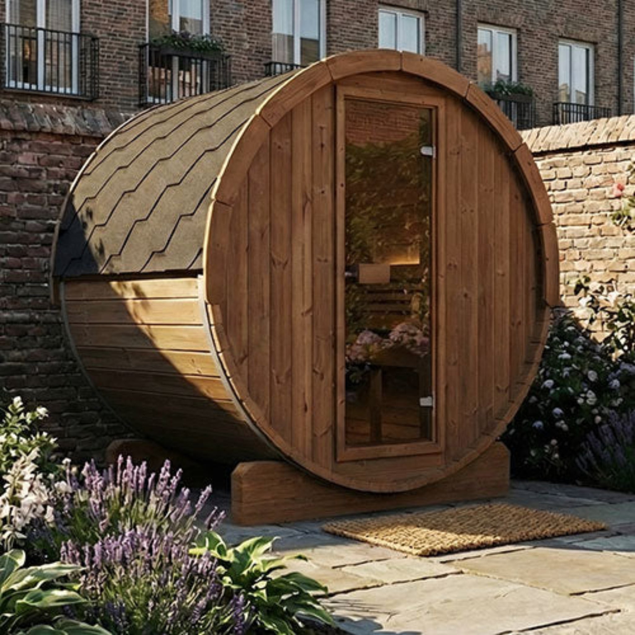 SaunaLife ERGO-Series Model E6 3-Person Outdoor Barrel Sauna – Front View