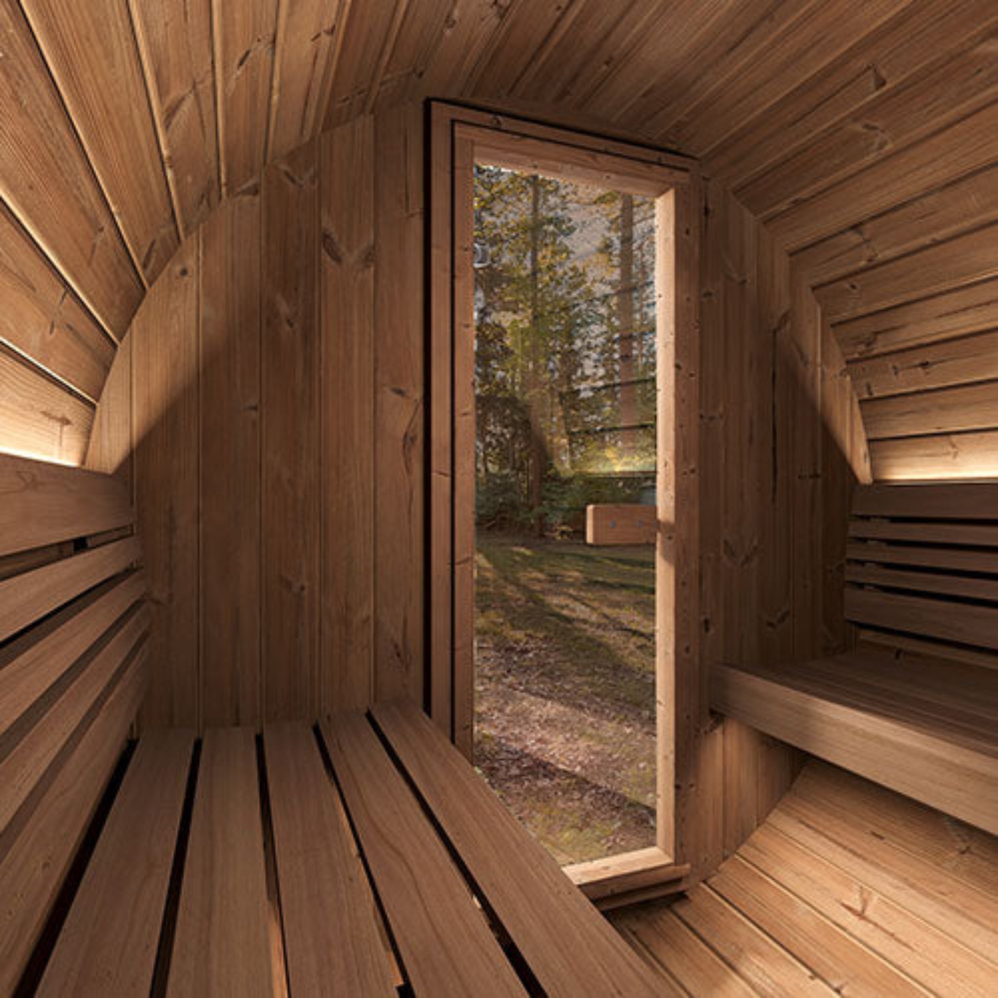 SaunaLife ERGO-Series Model E6 3-Person Outdoor Barrel Sauna – Interior View