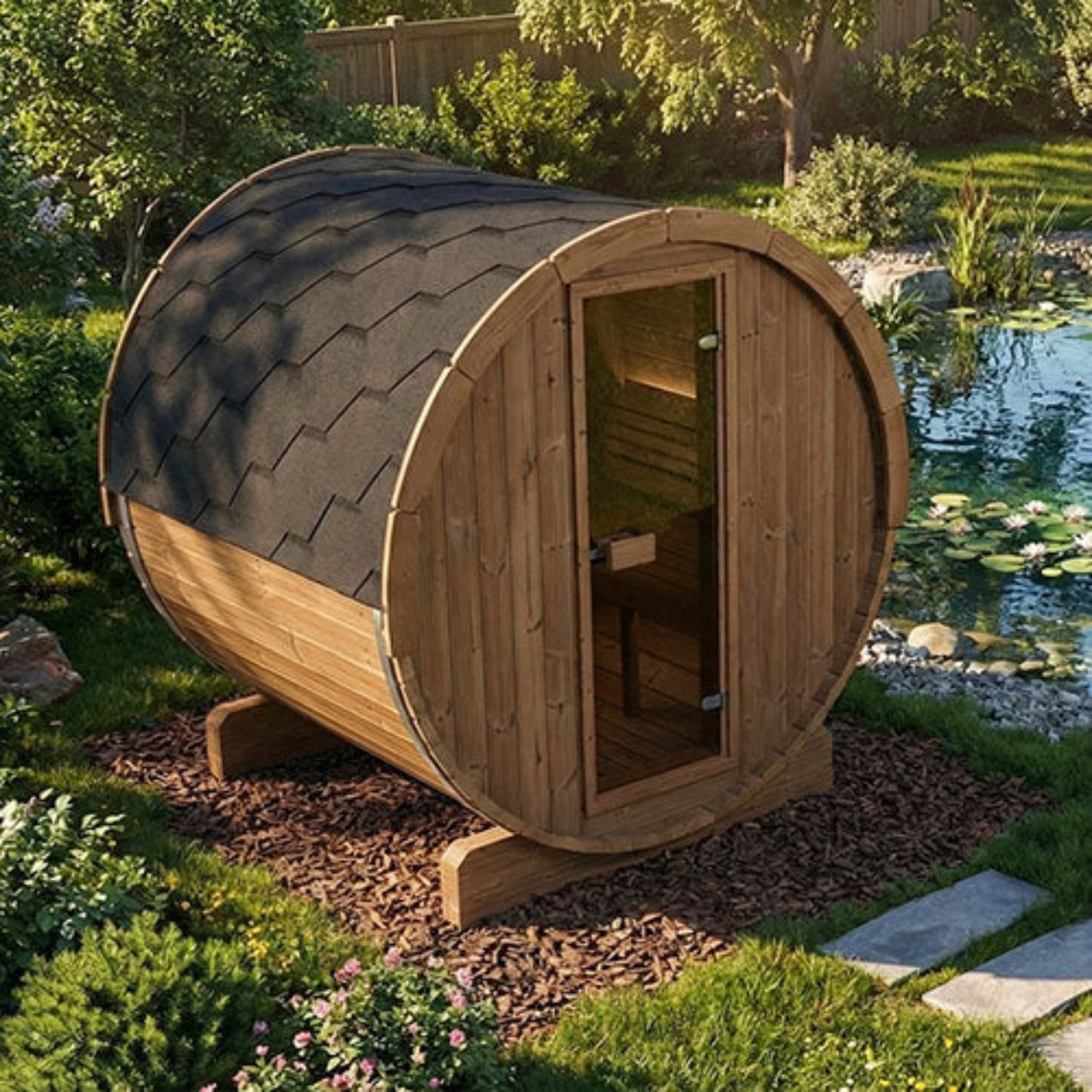 SaunaLife ERGO-Series Model E6 3-Person Outdoor Barrel Sauna – Front View