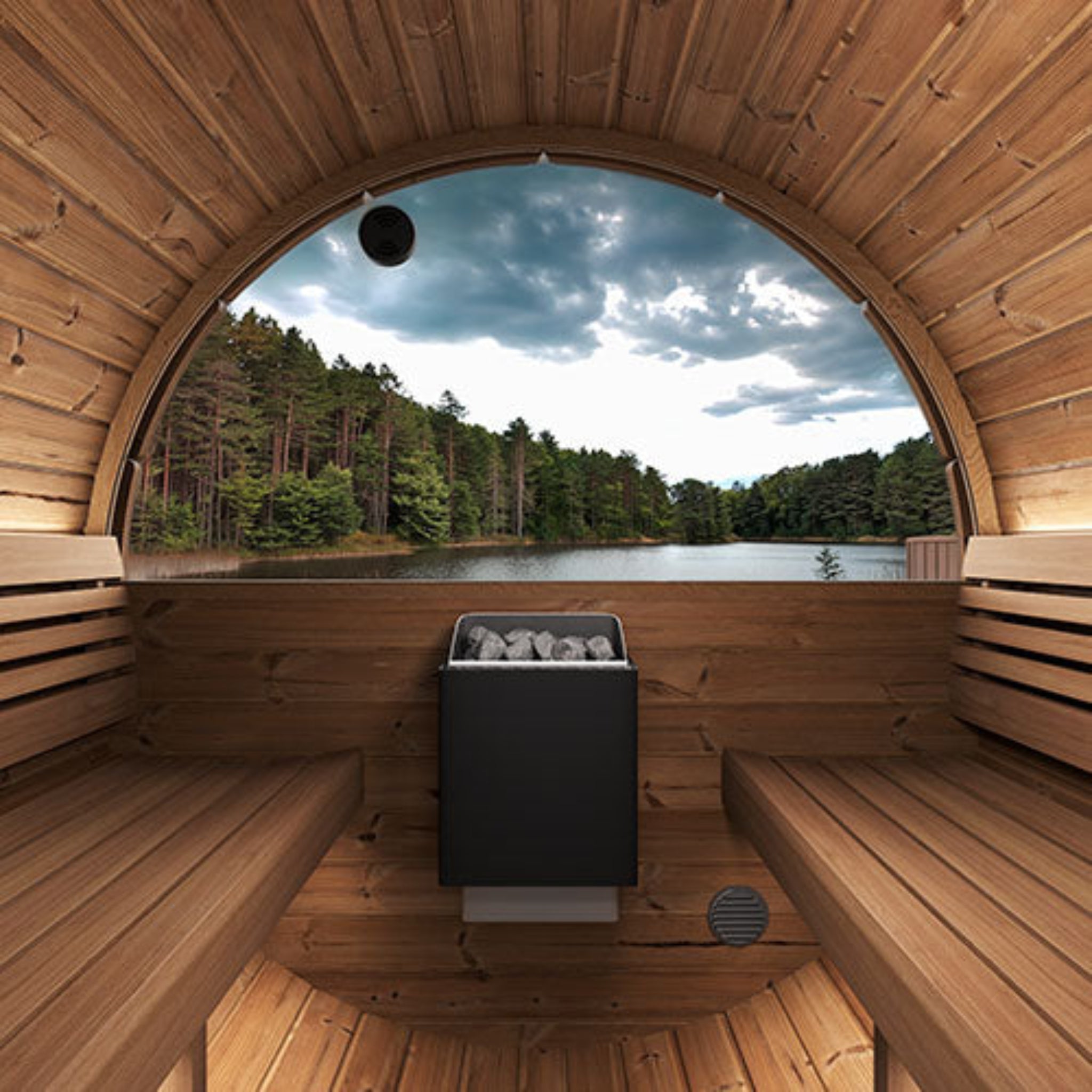 SaunaLife ERGO-Series Model E6W 3-Person Outdoor Barrel Sauna with Window – Interior View