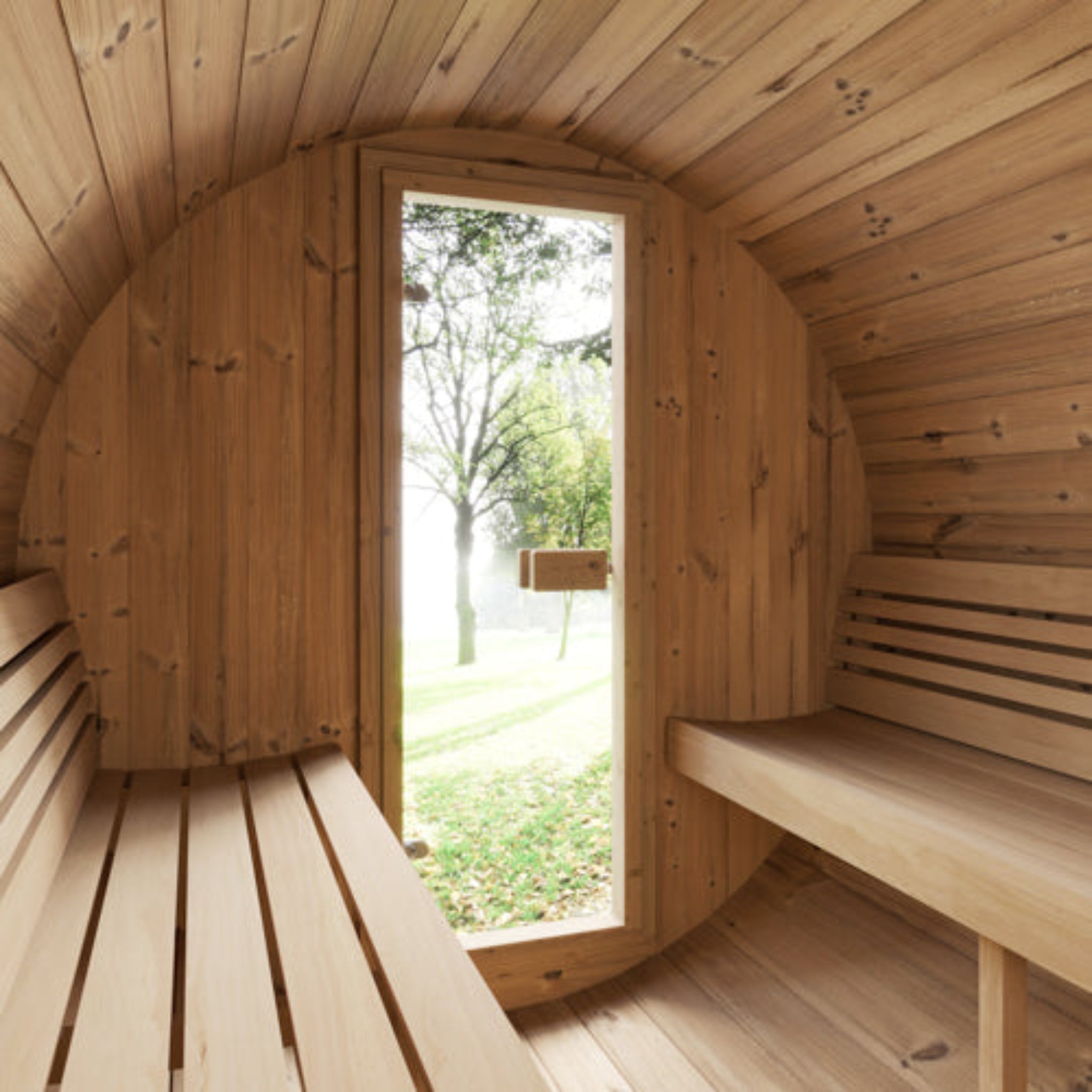 SaunaLife ERGO-Series Model E7 Outdoor Barrel Sauna – Interior Bench and Wall View