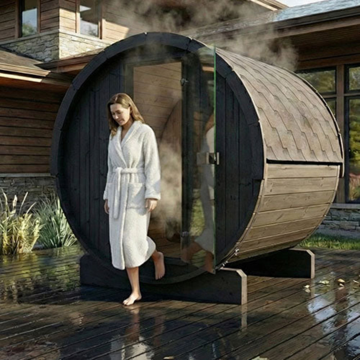 SaunaLife ERGO-Series E7 on a wooden deck with a woman walking out. 