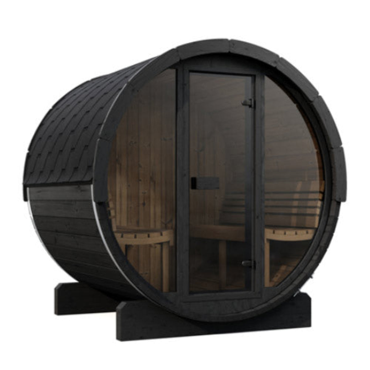 SaunaLife ERGO-Series Model E7GB Outdoor Barrel Sauna and a warm brown wood interior with built-in benches.