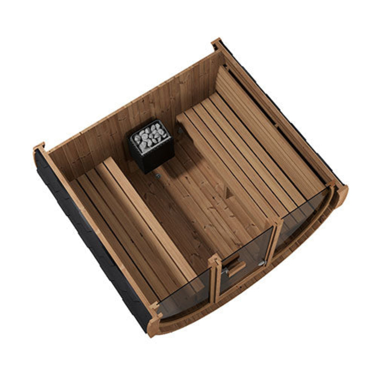 SaunaLife ERGO-Series Model E7G Outdoor Barrel Sauna ineror view of the benches and heater