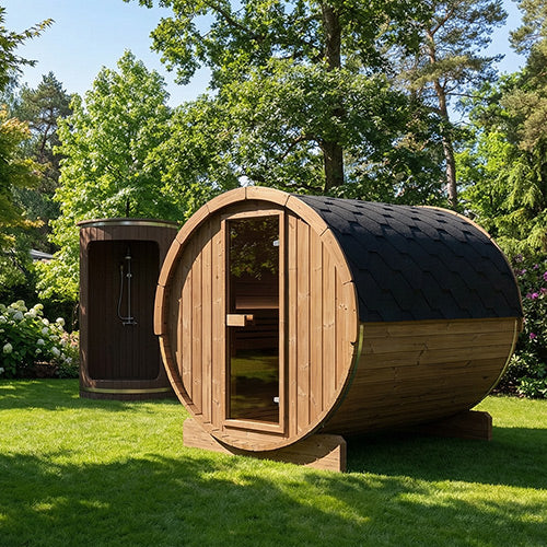 Outdoor Barrel Sauna | SaunaLife ERGO-Series E8B | 6-Person Black