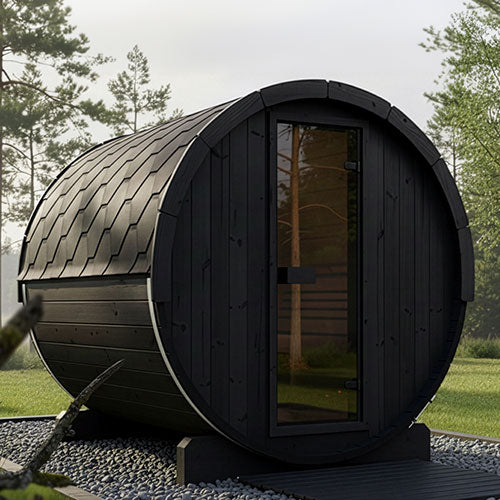 Outdoor Barrel Sauna | SaunaLife ERGO-Series E8B | 6-Person Black