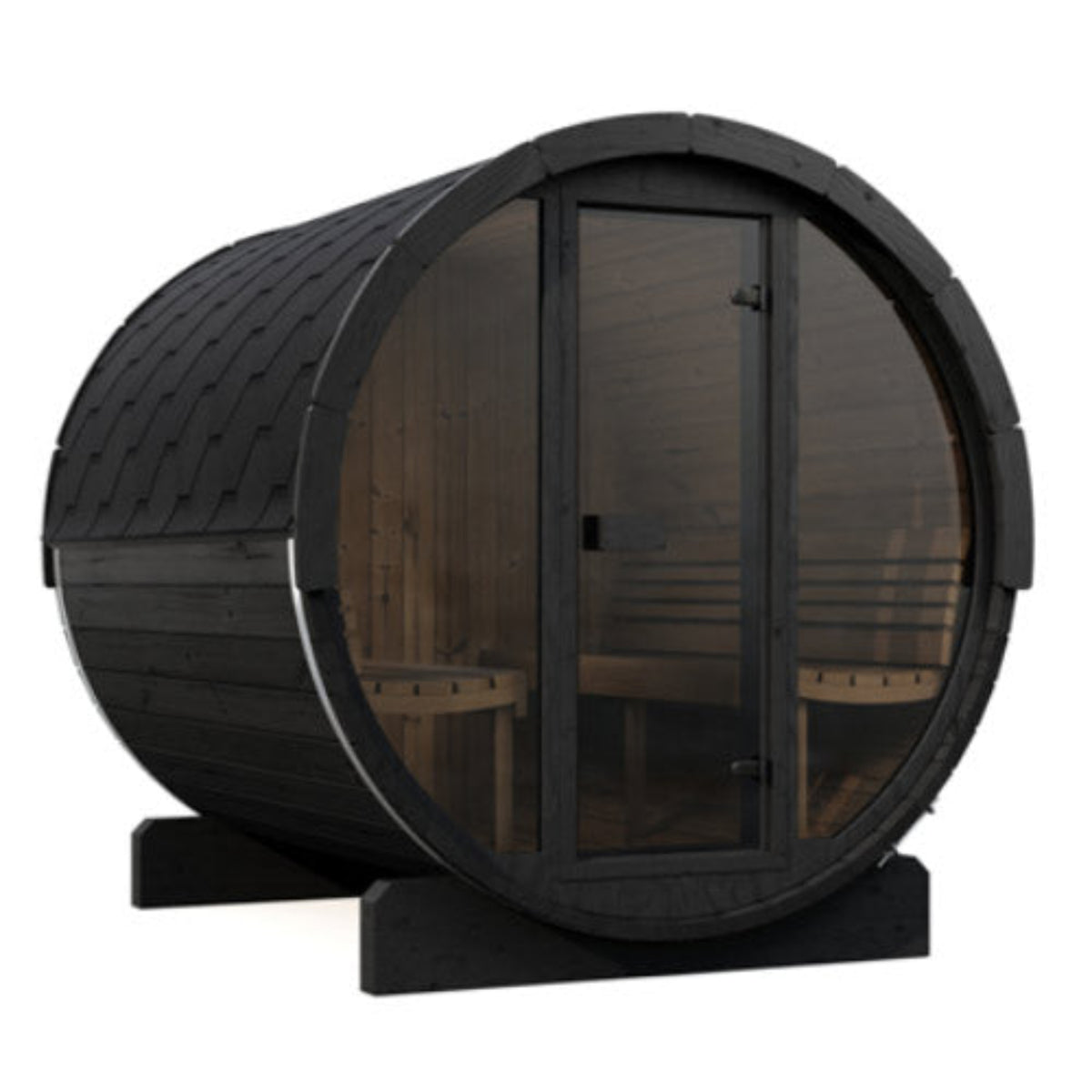 SaunaLife E8GB barrel saunawith a glass door and visible wooden interior benches, shown on a plain white background.