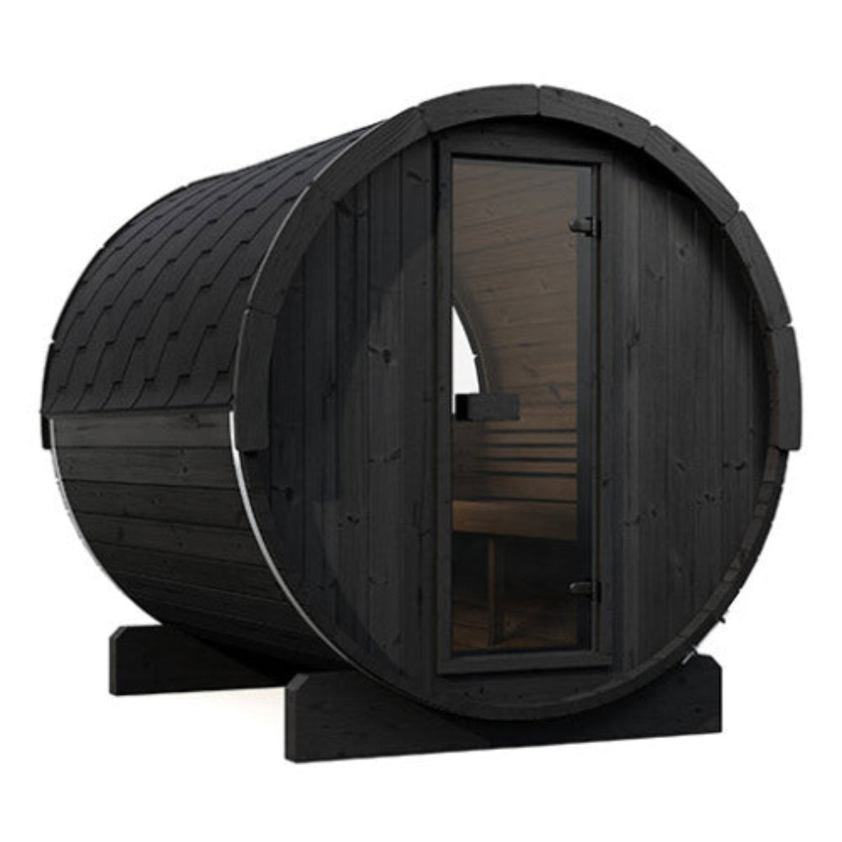 SaunaLife E8WB outdoor barrel sauna with a glass door and visible wooden interior, shown on a plain white background.
