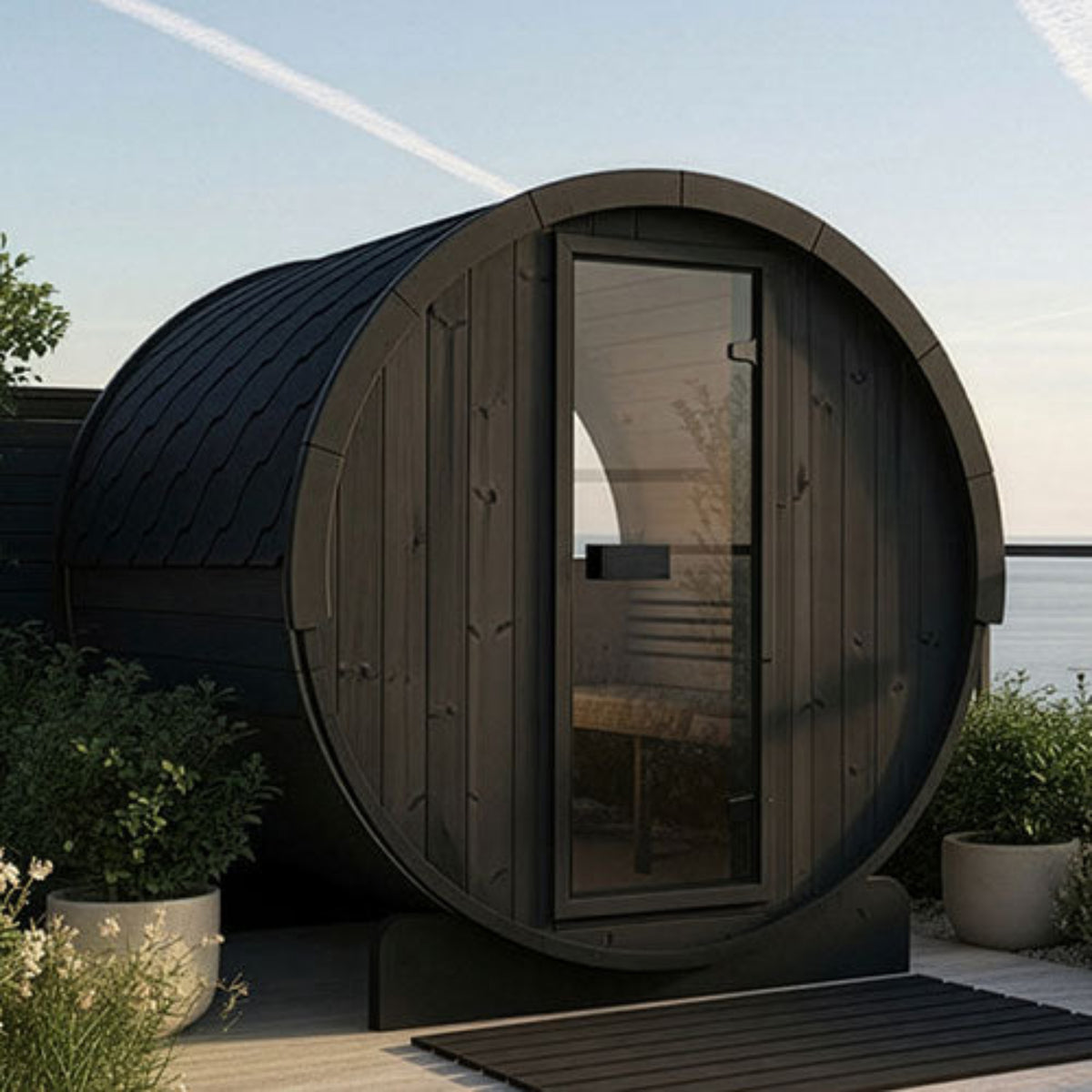 SaunaLife E8WB outdoor barrel sauna with a large glass door, situated on a wooden deck with potted plants and water in the background under a clear blue sky.