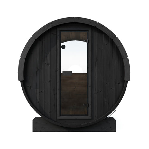 SaunaLife E8WB outdoor barrel sauna front view on a white background