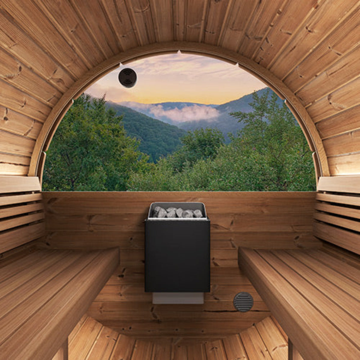 SaunaLife E8WB outdoor barrel sauna with a large window showing a mountain view