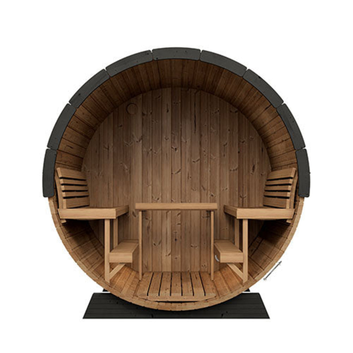 SaunaLife Ergo Elegance-Series Model EE8G Outdoor Barrel Sauna with seating area view on a white background