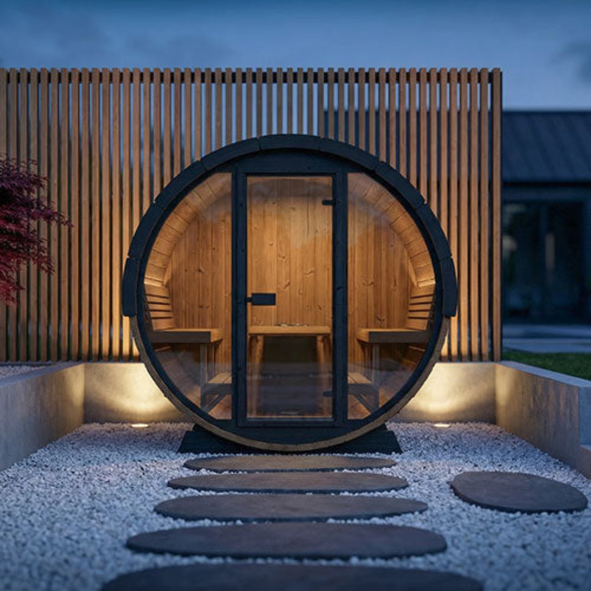 SaunaLife Ergo Elegance-Series Model EE8G Outdoor Barrel Sauna in a garden setting