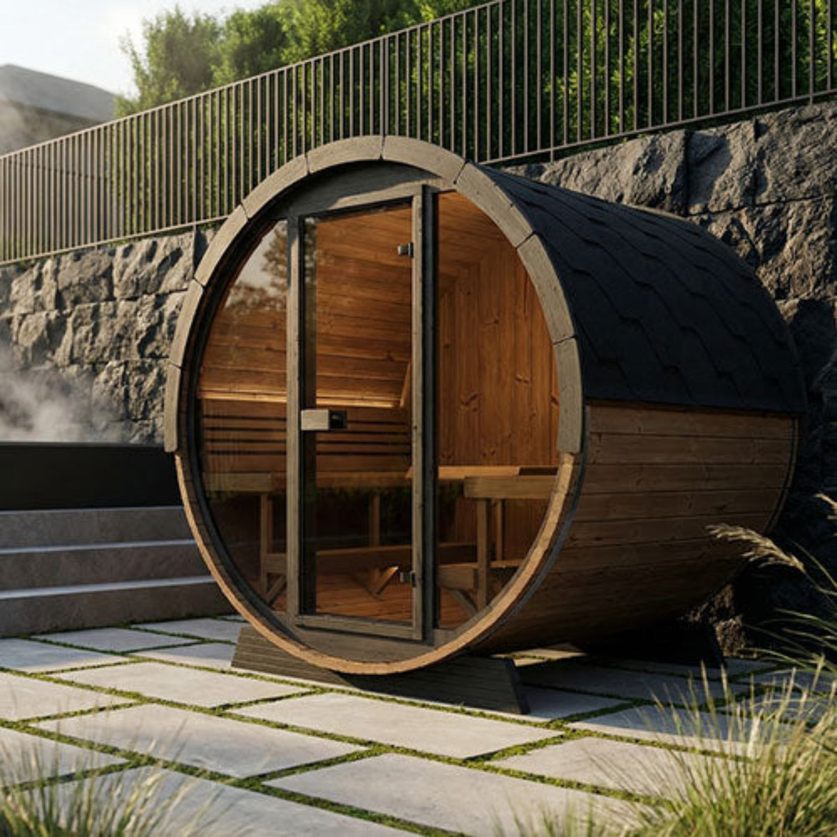 SaunaLife Ergo Elegance-Series Model EE8G Outdoor Barrel Sauna in a natural setting