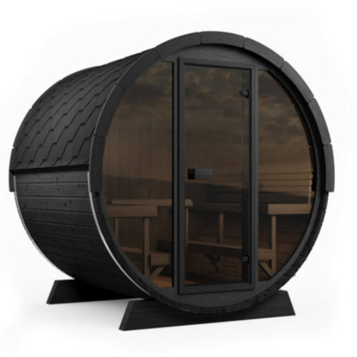 SaunaLife Ergo Elegance-Series Model EE8GB Outdoor Barrel Sauna with a shingled exterior, glass front door, and visible wooden interior benches, shown on a plain light gray background.
