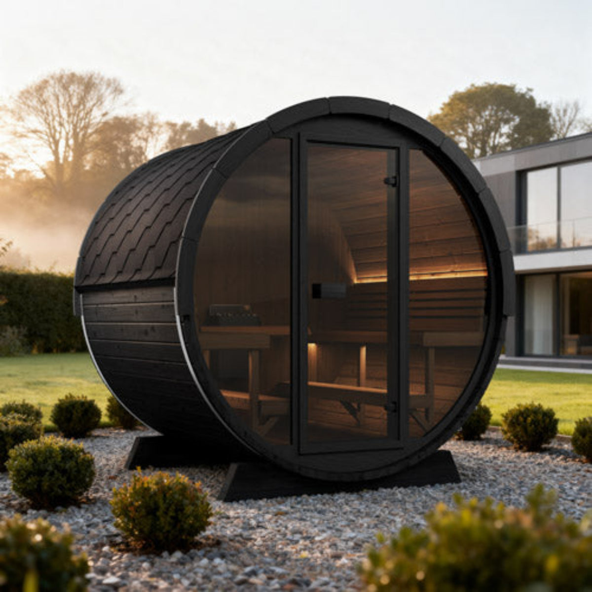 SaunaLife Ergo Elegance-Series Model EE8GB Outdoor Barrel Sauna with glass door in a garden setting