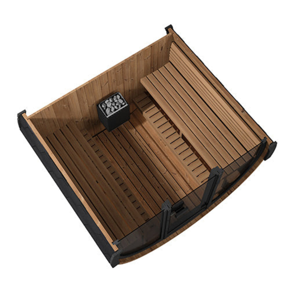 SaunaLife Ergo Elegance-Series Model EE8GB Outdoor Barrel Sauna inside view of benches and heater on a white background